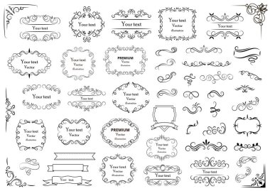 Kaligrafik tasarım elementleri. Dekoratif girdaplar ya da parşömenler, eski çerçeveler, zenginlikler, etiketler ve bölmeler. Retro vektör illüstrasyonu
