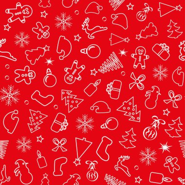 Kırmızı arkaplandaki simgelerin düz bir Noel deseni. Vektör illüstrasyonu