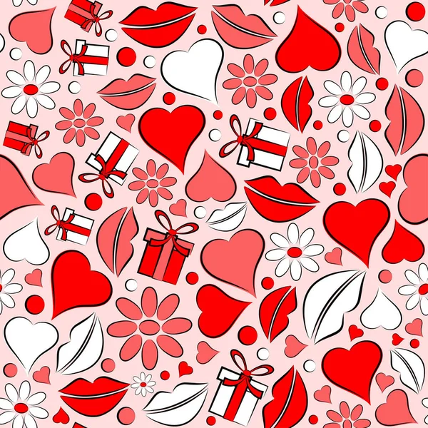Seamless Pattern Lips Traces Hearts Vector Illustration — Wektor stockowy
