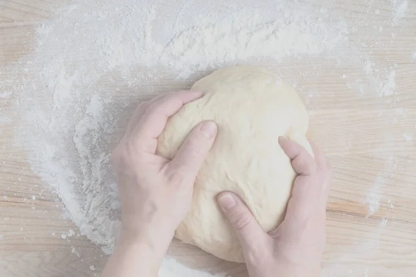 Making Dough Female Hands Wooden Table Background — стоковое фото