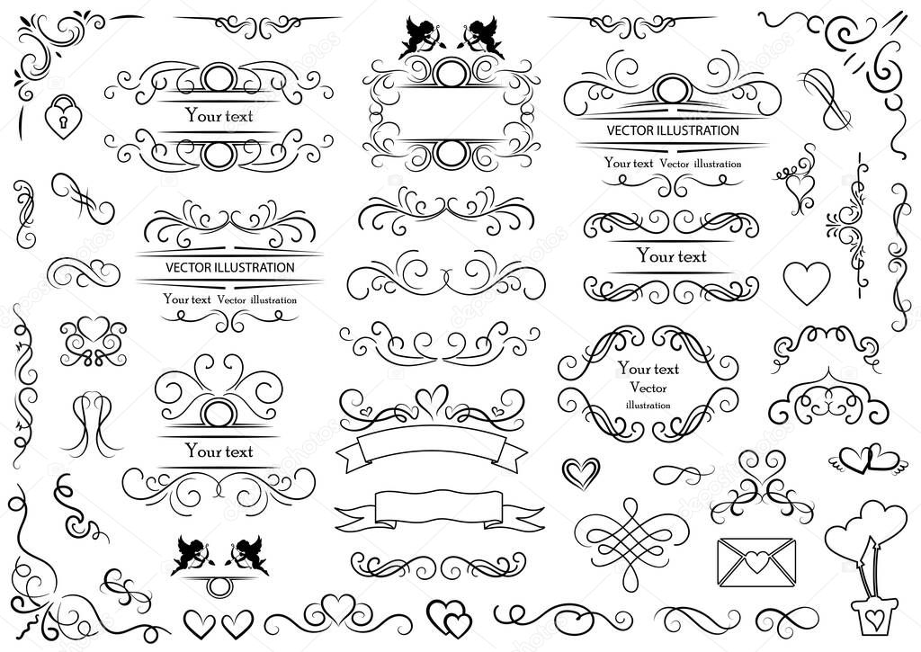 Calligraphic design elements . Decorative swirls and scrolls, vintage frames , flourishes, labels and dividers. Valentine's day special pack design elements. Retro vector illustration.	