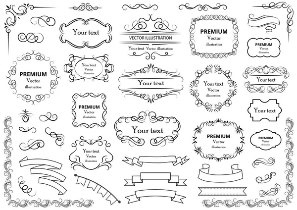 Calligraphic Design Elements Decorative Swirls Scrolls Vintage Frames Flourishes Labels — Stock Vector