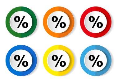 Web tasarımı ve mobil uygulamalar için yüzde, satış vektörü simgeleri, 6 renk seçenekli çember düğmeleri kümesi