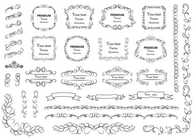 Kaligrafik tasarım elementleri. Dekoratif girdaplar ya da parşömenler, eski çerçeveler, zenginlikler, etiketler ve bölmeler. Retro vektör illüstrasyonu