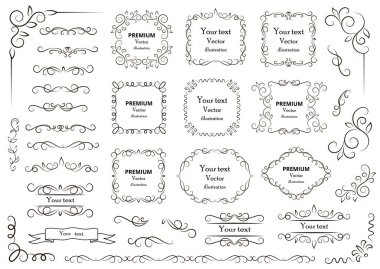 Dekoratif girdaplar ya da parşömenler, eski çerçeveler, zenginlikler, etiketler ve bölmeler. Retro vektör illüstrasyonu.