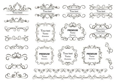 Kaligrafik tasarım elementleri. Dekoratif girdaplar ya da parşömenler, eski çerçeveler, zenginlikler, etiketler ve bölmeler. Retro vektör illüstrasyonu