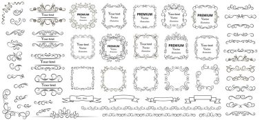 Kaligrafik tasarım elementleri. Dekoratif girdaplar ya da parşömenler, eski çerçeveler, zenginlikler, etiketler ve bölmeler. Retro vektör illüstrasyonu