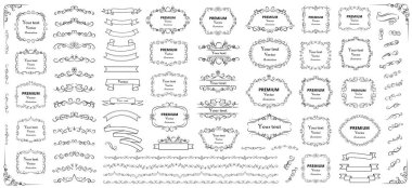 Kaligrafik tasarım elementleri. Dekoratif girdaplar ya da parşömenler, eski çerçeveler, zenginlikler, etiketler ve bölmeler. Retro vektör illüstrasyonu