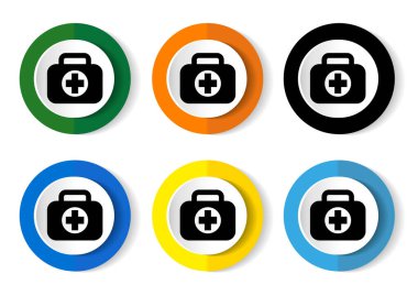 İlk yardım vektör simgeleri, web tasarımı ve mobil uygulamalar için 6 renk seçenekli daire düğmeleri kümesi