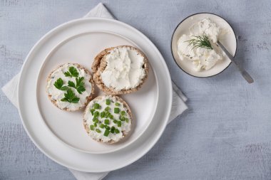 Taze otlu kremalı sandviçler. Süzme peynirli ve yeşil otlu kızarmış ekmek. Düzgün atıştırmalıklar. Metin için Boşluğu Kopyala