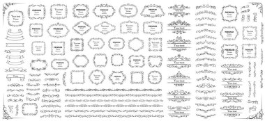 Kaligrafik tasarım elementleri. Dekoratif girdaplar ya da parşömenler, eski çerçeveler, zenginlikler, etiketler ve bölmeler. Retro vektör illüstrasyonu