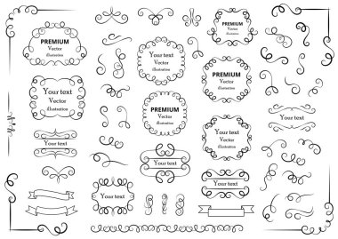 Kaligrafik tasarım elementleri. Dekoratif girdaplar ya da parşömenler, eski çerçeveler, zenginlikler, etiketler ve bölmeler. Retro vektör illüstrasyonu