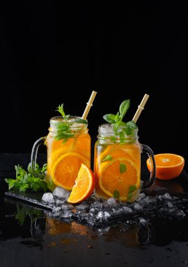 Soğuk yaz portakallı limonata. Naneli ve buzlu..