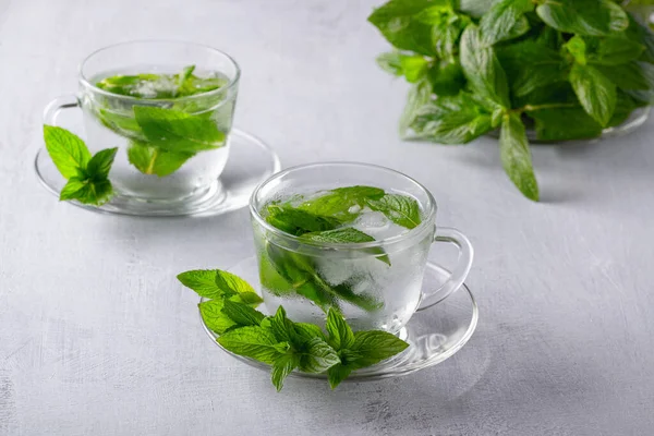 Teh Mint Minuman Herbal Menyegarkan Dalam Gelas Dengan Dan Daun — Stok Foto