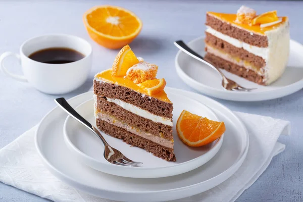 Cake Orange Coffee Light Wooden Table — Stockfoto