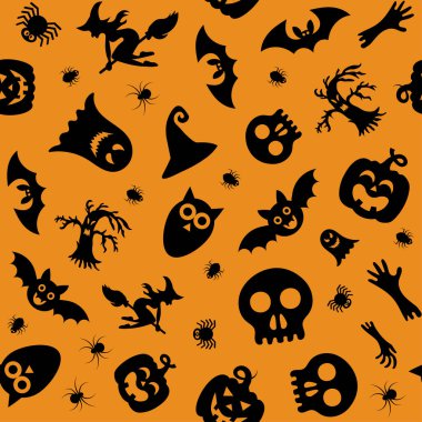 Cadılar Bayramı tasarımı. Cadılar Bayramı sembolleri: hayalet, örümcek, çizgi film tarzında balkabağı. Vektör İllüstrasyonu