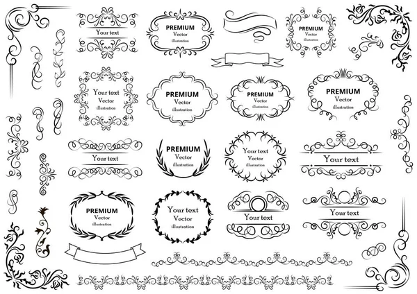 Calligraphic Design Elements Decorative Swirls Scrolls Vintage Frames Flourishes Labels — Stock Vector