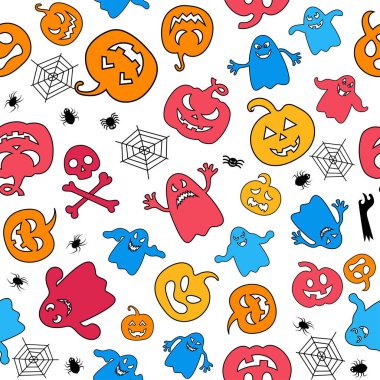 Cadılar Bayramı tasarımı. Cadılar Bayramı sembolleri: hayalet, örümcek, çizgi film tarzında balkabağı. Vektör İllüstrasyonu