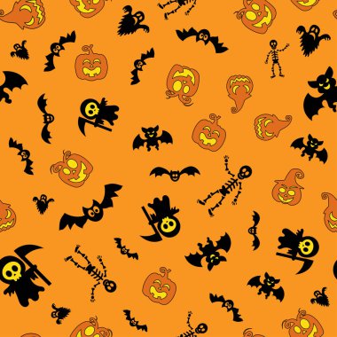 Cadılar Bayramı tasarımı için kusursuz vektör deseni. Cadılar Bayramı sembolleri: hayalet, yarasa, çizgi film tarzında balkabağı. Vektör İllüstrasyonu
