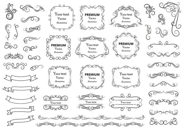 Calligraphic Design Elements Decorative Swirls Scrolls Vintage Frames Flourishes Labels — Stock Vector