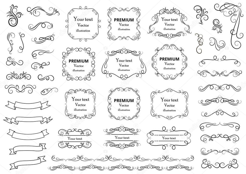 Calligraphic design elements . Decorative swirls or scrolls, vintage frames , flourishes, labels and dividers. Retro vector illustration