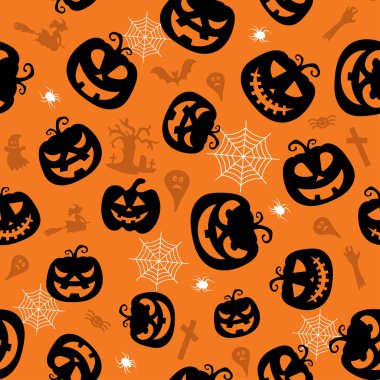 Cadılar Bayramı tasarımı için kusursuz vektör deseni. Cadılar Bayramı sembolleri: balkabağı, örümcek, hayalet, çizgi film tarzında yarasa. Vektör İllüstrasyonu