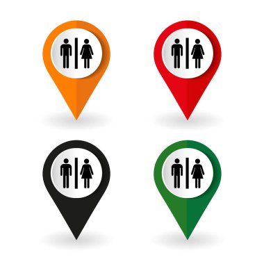 Tuvalet vektör simgesi. Tuvalet resimlerinde bayan ve beyefendi figürleri var. Harita konum işareti, yer bulucu sembolü düz resim grafiği.