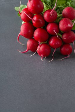 Gri taşlı arka planda turp sürüsü. Boşluğu kopyala