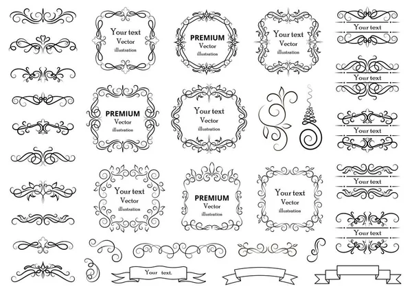 Calligraphic Design Elements Decorative Swirls Scrolls Vintage Frames Flourishes Labels — Stock Vector