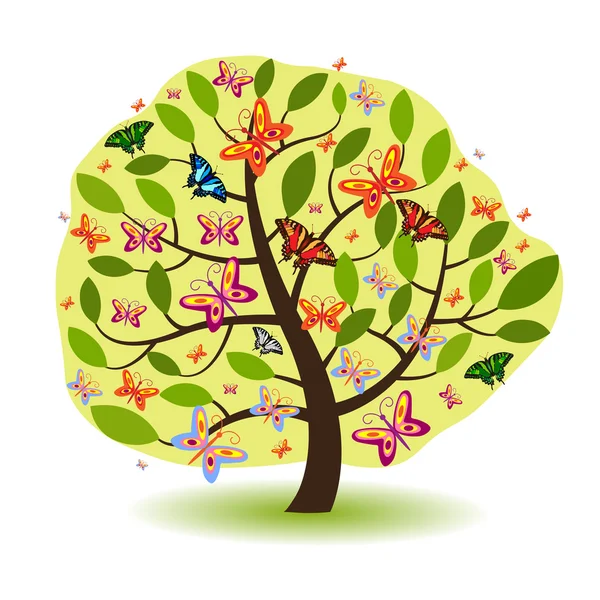 Árbol verde con mariposas — Vector de stock