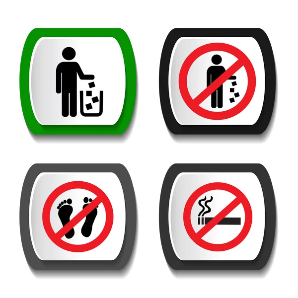 Verbotsikonen setzen, nicht streuen, nicht rauchen, Fußtritte vermeiden — Stockvektor