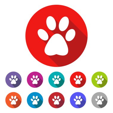 cat paw print vector icon - colored(gray, blue, orange, green, red) round buttons with long shadow clipart