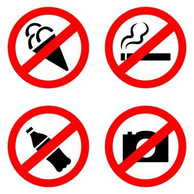 Signs forbidding different actions in various places. Signs are located on a white background. clipart