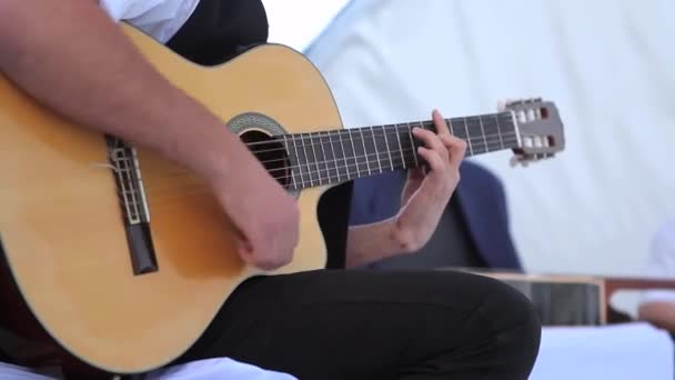 Nahaufnahme: Finger berühren die Saiten der Gitarre — Stockvideo