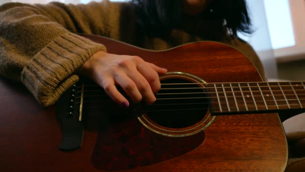 Genç kız evde akustik gitar çalıyor. — Stok video
