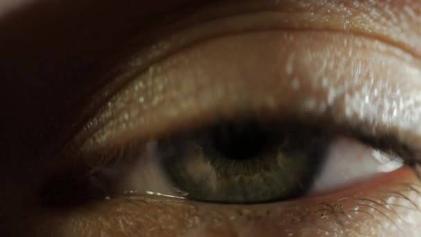В 4K UHD-видео виден темно-зеленый радужный глаз человека. Ирис глаза человека сокращается. Крайне близко. Отснятый в 4K UHD 2160p. — стоковое видео