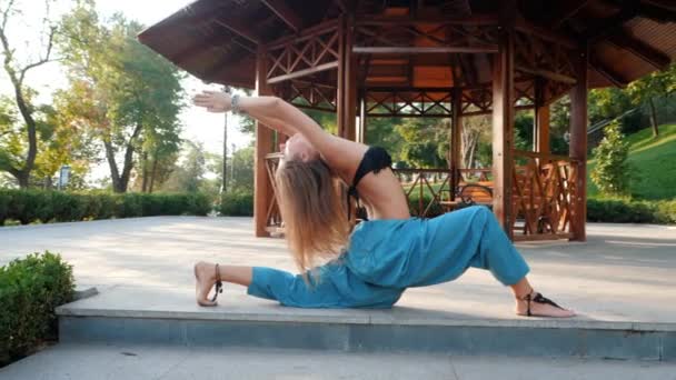 Morning yoga portrait of beautiful young woman in blue pants and top. Health care concept. Girl doing asanas on wooden alcove background in park at summer. Slow motion. — Stock Footage Morning yoga portrait of beautiful young woman in blue pants and top. Health care concept. Girl doing asanas on wooden alcove background in park at summer. Slow motion. Stock Footage