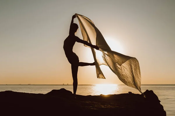 Νεαρή όμορφη μπαλαρίνα χορεύει μπαλέτο σε ουρανό και θάλασσα φόντο με τεράστιο μεταξωτό ύφασμα. Έννοια της τρυφερότητας, ελαφρότητας, τέχνης και ταλέντου στη φύση — Φωτογραφία Αρχείου