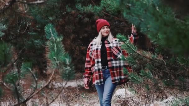 Молодая красивая женщина зимой ходит по сосновому лесу. Девушка в модной клетчатой рубашке касается ветвей деревьев, наслаждается природой. Пролетают снежинки. — стоковое видео