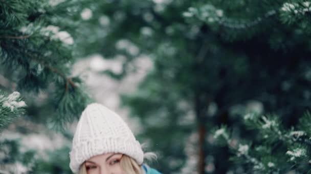 Happy woman having fun and playing snowball on winter forest background. A csinos lány portréja gyerekesen örül az első hónak.. — Stock videók