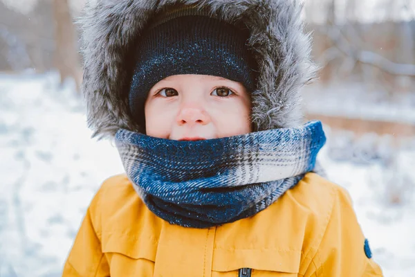 겨울 모자를 쓴 어린 아기의 귀여운 초상화가 눈덮인 숲 배경 위에 있습니다. 아들, 걸음마하는 아이의 개념. — 스톡 사진