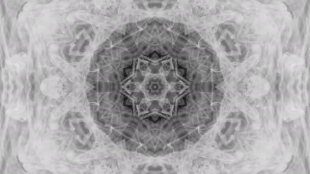 Abstract background. Kaleidoscopic. Mandala kaleidoscope sequence. White, grey light, slowly changing shapes. Pattern made with particle system. — Stock Video