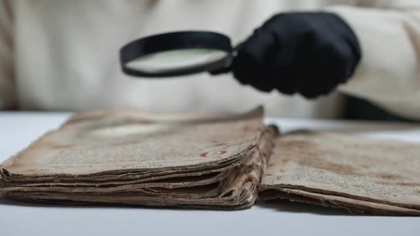 นักประวัติศาสตร์ในถุงมืออ่านหนังสือโบราณที่มีกระจกขยาย การแปลวรรณกรรมทางศาสนา เขียนด้วยลายมือโบราณ สมบัติของอดีต พิพิธภัณฑ์ชิ้นส่วน . — วีดีโอสต็อก
