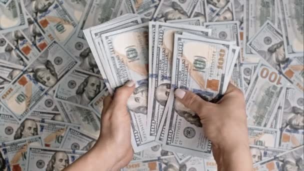 Γυναίκα που μετράει αμερικάνικα δολάρια σε μετρητά. Γυναίκα μετράει εκατοντάδες δολάρια κερδίζοντας το λαχείο, έσοδα από τη διαπραγμάτευση. Νέα τραπεζογραμμάτια σε χέρια. — Αρχείο Βίντεο