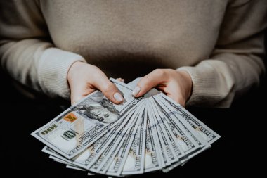 Ev bütçesi ve harcamalarının takibi. Muhasebeci ya da bankacı. Kağıt parayla çalışıyor. Amerikan dolarları.. 