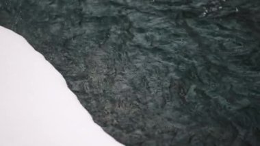 Beyaz kıyıları olan siyah nehir. Gerçek kar yağıyor. Kış, soğuk hava, tipi, fırtına. Romantik harikalar diyarı. Manzara, güzel orman arkaplanı. Yavaş çekim.