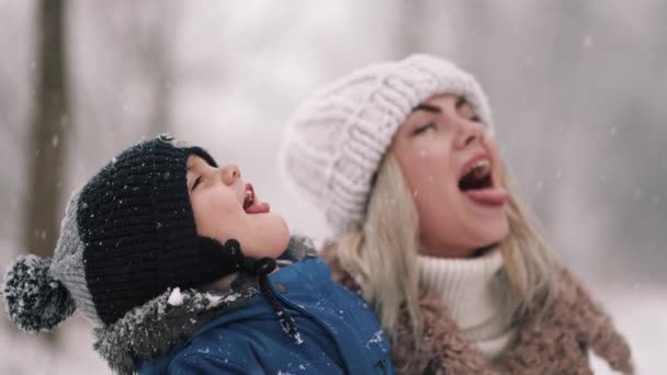 口で雪の結晶をキャッチお母さんとかわいい幼児の男の子,面白いスローモーション映像.家族、愛、森、本当の雪の背景. — ストック動画