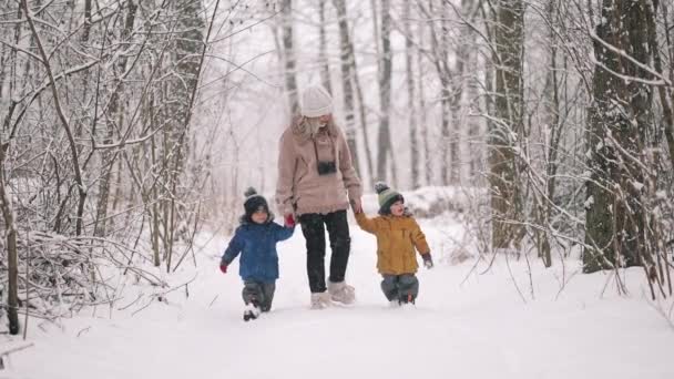 Удивительный вид маленьких мальчиков и мам, гуляющих в зимнем лесу на фоне снегопада. Дети радуются первому снегу. Концепция образа жизни семьи, матери, семьи. Медленное движение. — стоковое видео