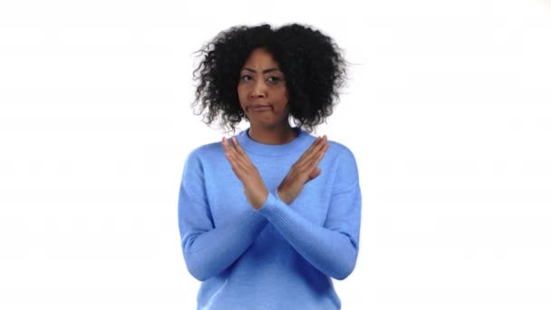 Mixed race woman disapproving with no crossing hands sign make basta, negation, enough gesture. Denying, Rejecting, Disagree, Portrait of pretty lady on white background — Stock Video