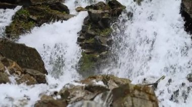 Orman uçurumundan kayalarla dolu bir dağ şelalesi akıyor. Güzel bir doğa geçmişi var. Doğa, su arka planı, yavaş çekim.